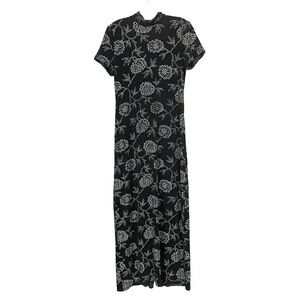 VTG Jessica Howard Slinky Black Silver Glitter Floral Cheongsam Maxi Dress Sz 10